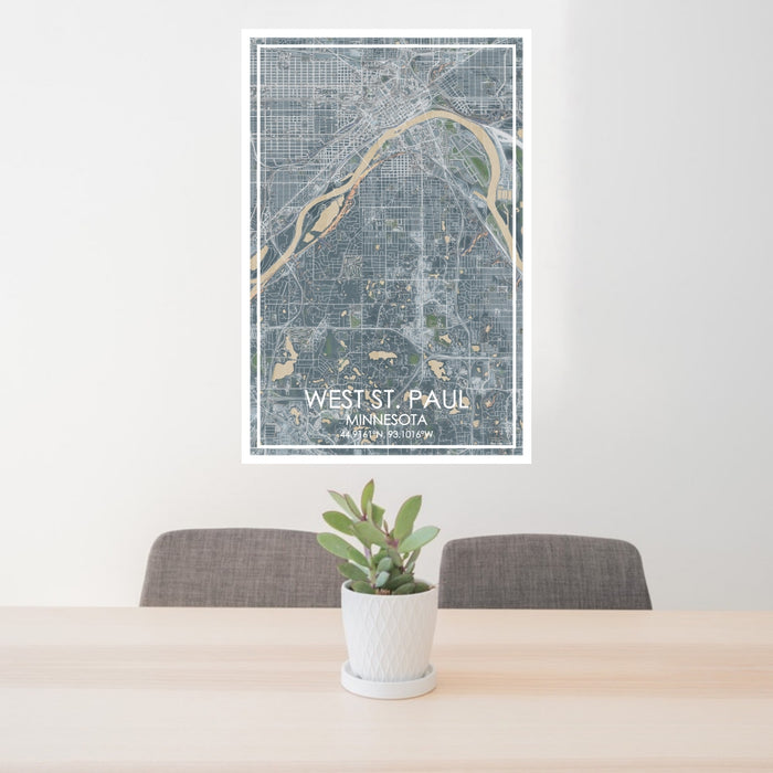 24x36 West St. Paul Minnesota Map Print Portrait Orientation in Afternoon Style Behind 2 Chairs Table and Potted Plant