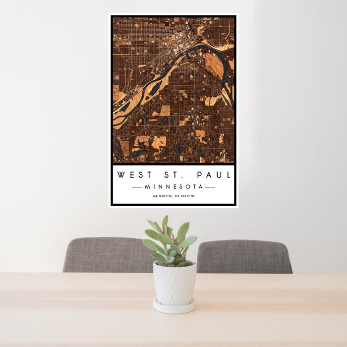 24x36 West St. Paul Minnesota Map Print Portrait Orientation in Ember Style Behind 2 Chairs Table and Potted Plant