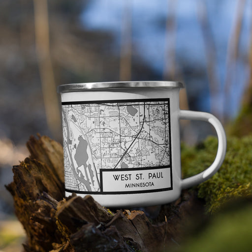 Right View Custom West St. Paul Minnesota Map Enamel Mug in Classic on Grass With Trees in Background