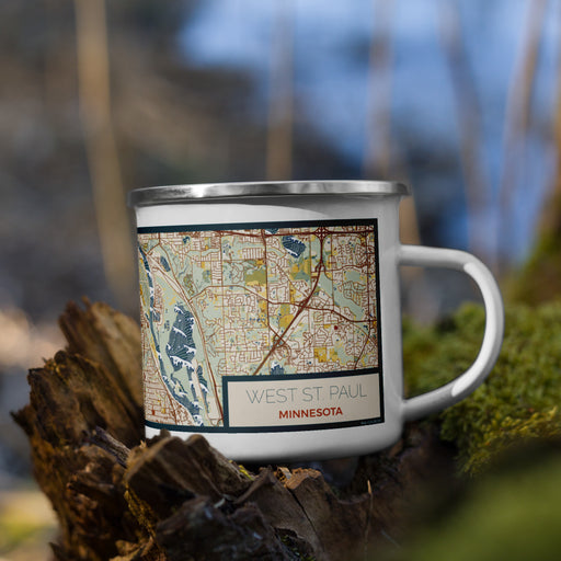 Right View Custom West St. Paul Minnesota Map Enamel Mug in Woodblock on Grass With Trees in Background