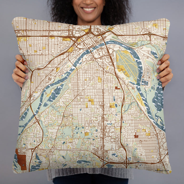 Person holding 22x22 Custom West St. Paul Minnesota Map Throw Pillow in Woodblock