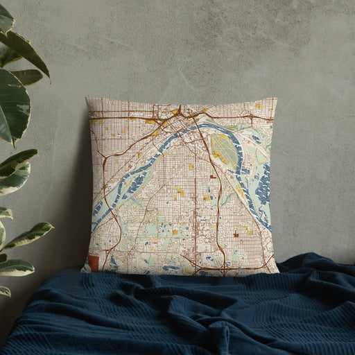 Custom West St. Paul Minnesota Map Throw Pillow in Woodblock on Bedding Against Wall