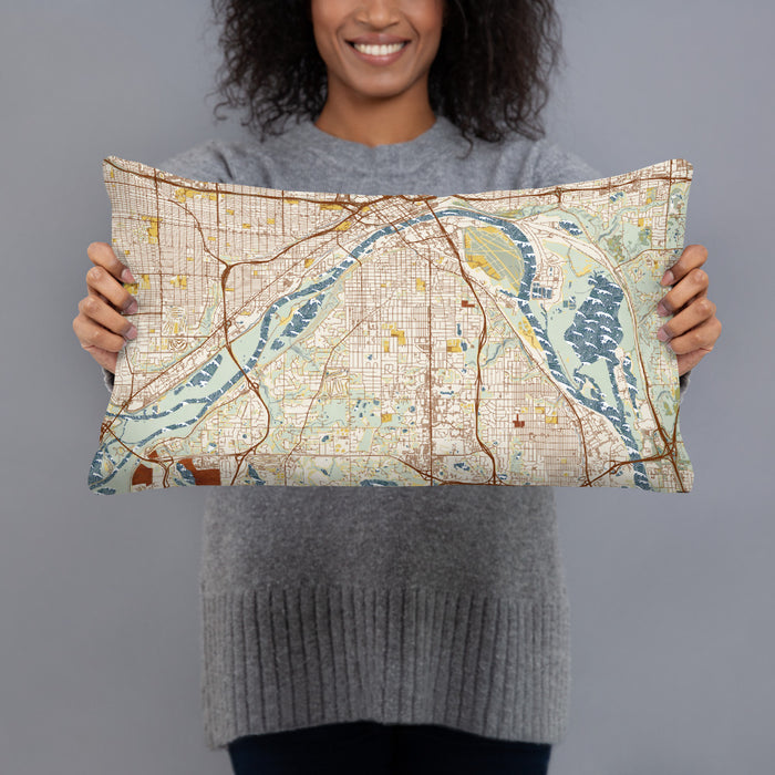 Person holding 20x12 Custom West St. Paul Minnesota Map Throw Pillow in Woodblock