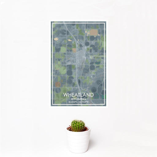 12x18 Wheatland Wyoming Map Print Portrait Orientation in Afternoon Style With Small Cactus Plant in White Planter