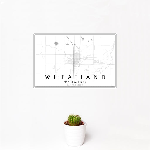 12x18 Wheatland Wyoming Map Print Landscape Orientation in Classic Style With Small Cactus Plant in White Planter
