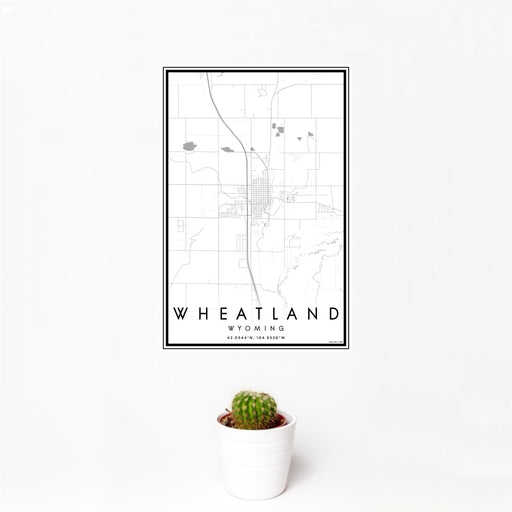 12x18 Wheatland Wyoming Map Print Portrait Orientation in Classic Style With Small Cactus Plant in White Planter