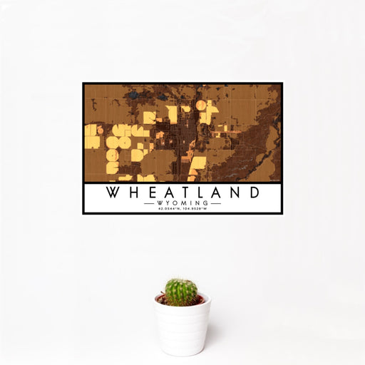 12x18 Wheatland Wyoming Map Print Landscape Orientation in Ember Style With Small Cactus Plant in White Planter
