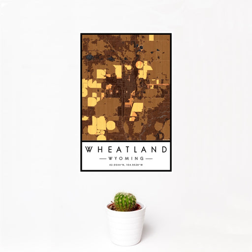 12x18 Wheatland Wyoming Map Print Portrait Orientation in Ember Style With Small Cactus Plant in White Planter