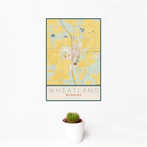 12x18 Wheatland Wyoming Map Print Portrait Orientation in Woodblock Style With Small Cactus Plant in White Planter