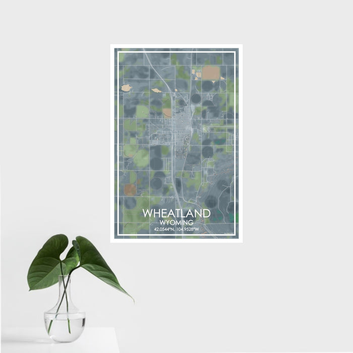 16x24 Wheatland Wyoming Map Print Portrait Orientation in Afternoon Style With Tropical Plant Leaves in Water
