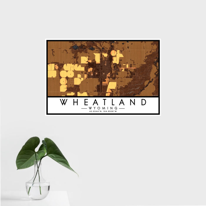 16x24 Wheatland Wyoming Map Print Landscape Orientation in Ember Style With Tropical Plant Leaves in Water