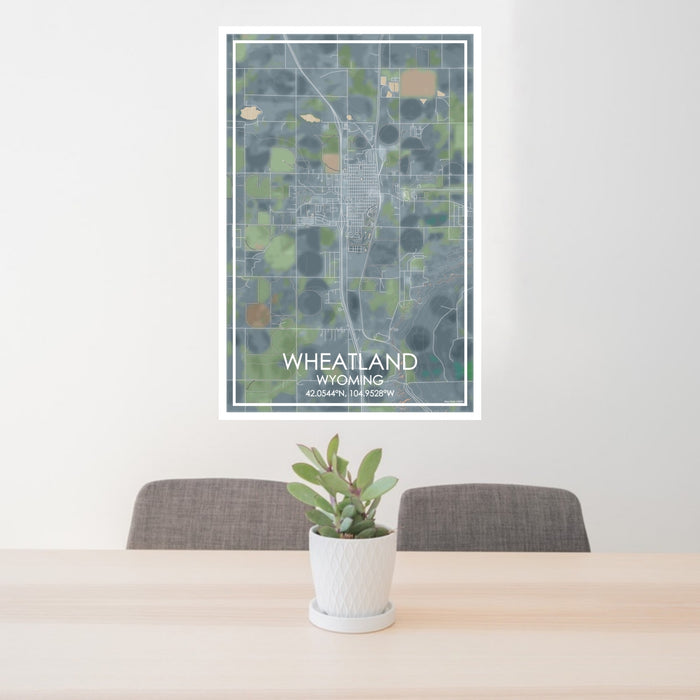 24x36 Wheatland Wyoming Map Print Portrait Orientation in Afternoon Style Behind 2 Chairs Table and Potted Plant