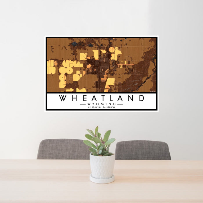 24x36 Wheatland Wyoming Map Print Lanscape Orientation in Ember Style Behind 2 Chairs Table and Potted Plant