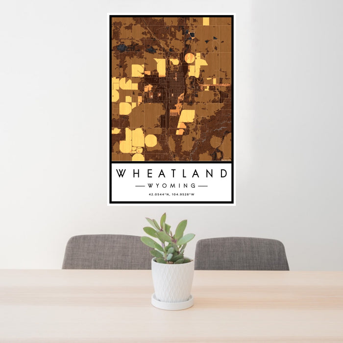 24x36 Wheatland Wyoming Map Print Portrait Orientation in Ember Style Behind 2 Chairs Table and Potted Plant