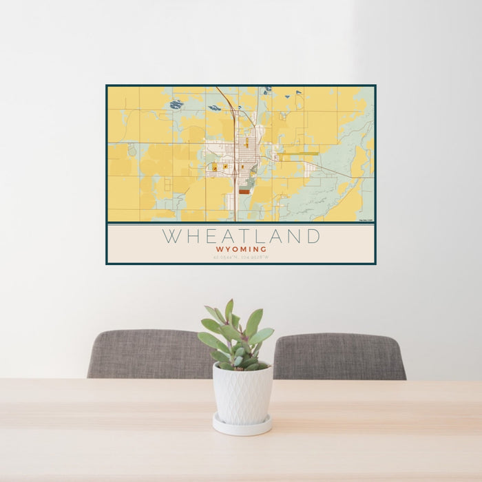24x36 Wheatland Wyoming Map Print Lanscape Orientation in Woodblock Style Behind 2 Chairs Table and Potted Plant