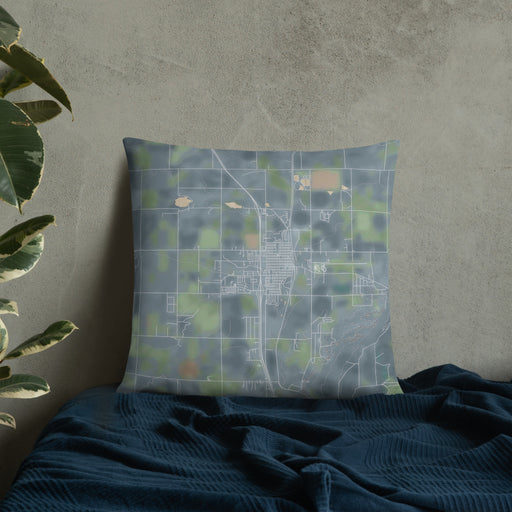 Custom Wheatland Wyoming Map Throw Pillow in Afternoon on Bedding Against Wall