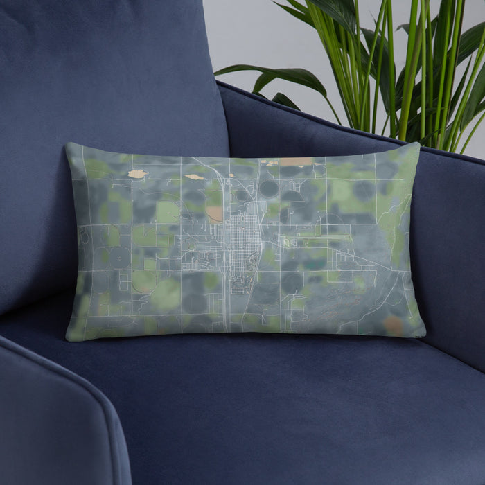 Custom Wheatland Wyoming Map Throw Pillow in Afternoon on Blue Colored Chair