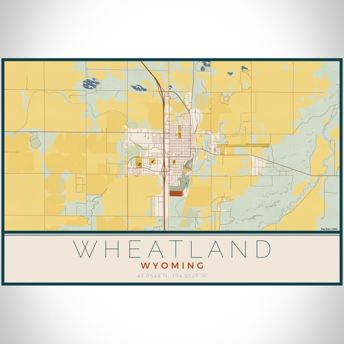 Wheatland Wyoming Map Print Landscape Orientation in Woodblock Style With Shaded Background