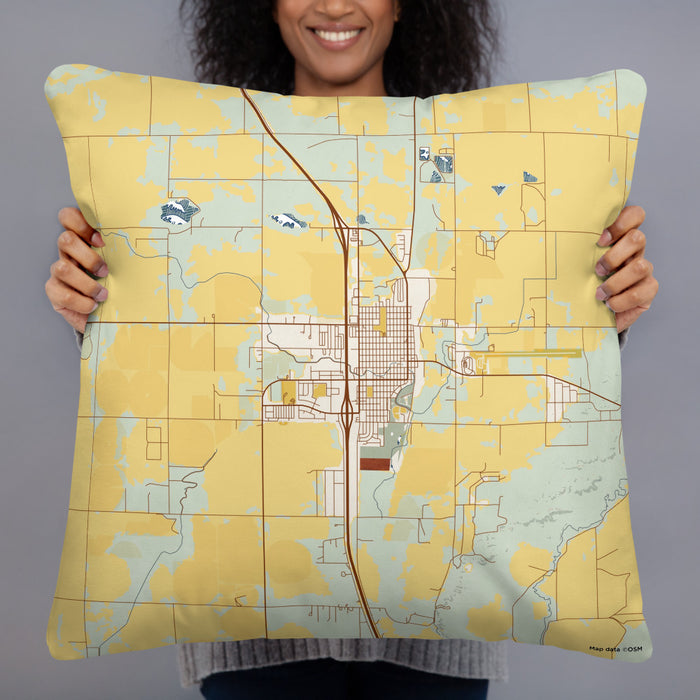 Person holding 22x22 Custom Wheatland Wyoming Map Throw Pillow in Woodblock