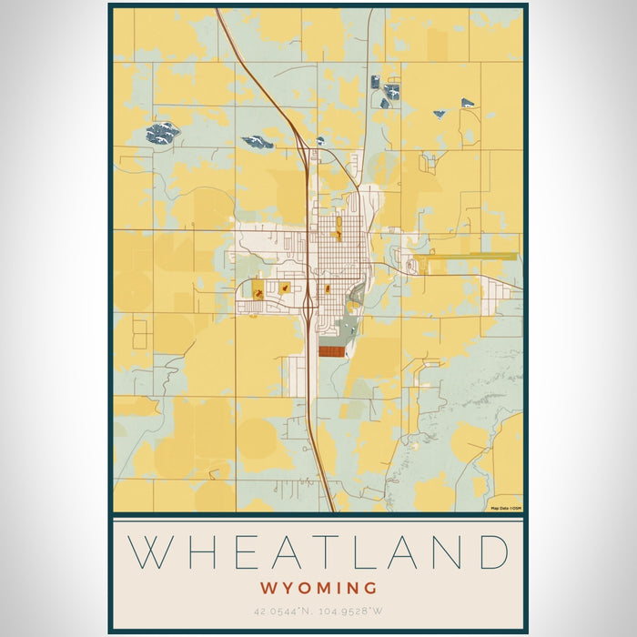 Wheatland Wyoming Map Print Portrait Orientation in Woodblock Style With Shaded Background