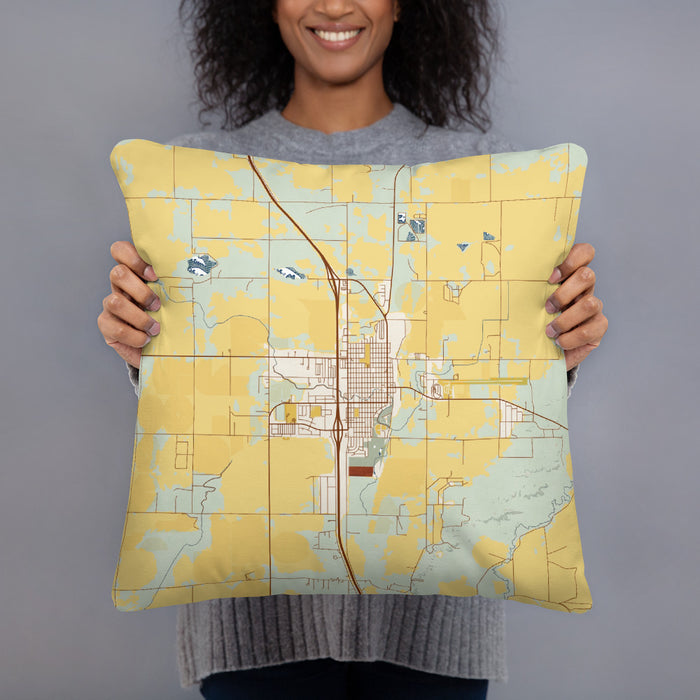 Person holding 18x18 Custom Wheatland Wyoming Map Throw Pillow in Woodblock