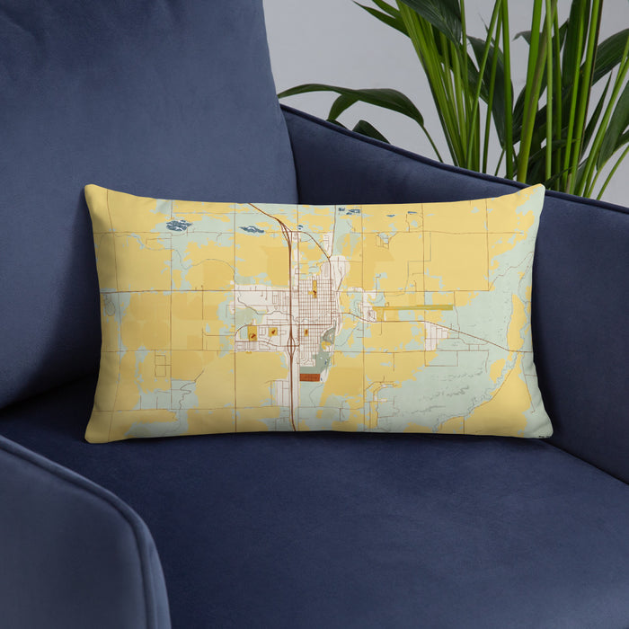 Custom Wheatland Wyoming Map Throw Pillow in Woodblock on Blue Colored Chair