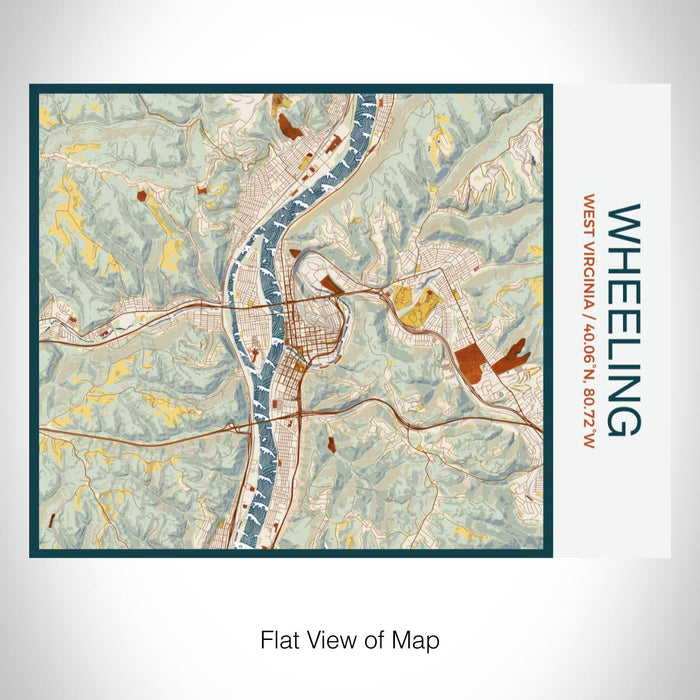 Rendered View of Wheeling West Virginia Map on 20oz Stainless Steel Insulated Bottle with Bamboo Top with printed woodblock style map