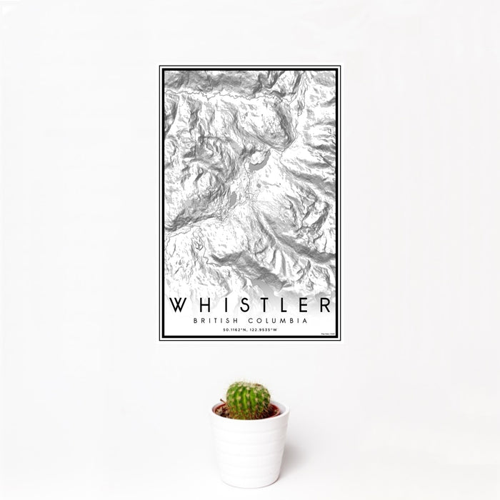 12x18 Whistler British Columbia Map Print Portrait Orientation in Classic Style With Small Cactus Plant in White Planter