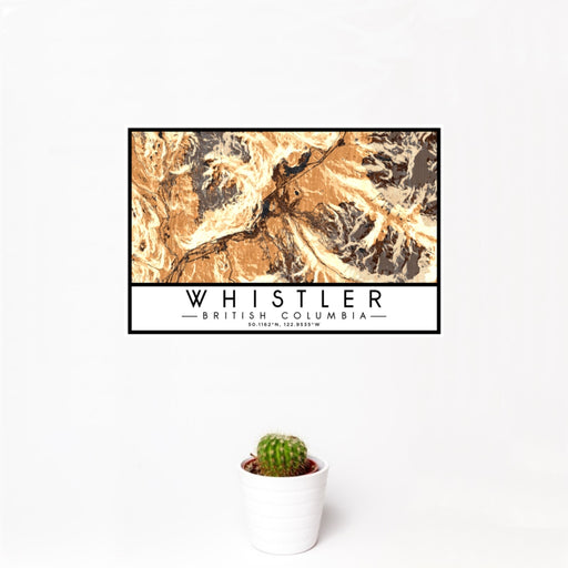 12x18 Whistler British Columbia Map Print Landscape Orientation in Ember Style With Small Cactus Plant in White Planter