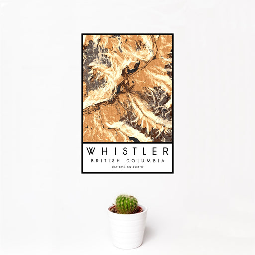 12x18 Whistler British Columbia Map Print Portrait Orientation in Ember Style With Small Cactus Plant in White Planter