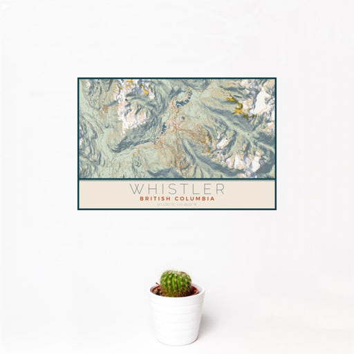 12x18 Whistler British Columbia Map Print Landscape Orientation in Woodblock Style With Small Cactus Plant in White Planter