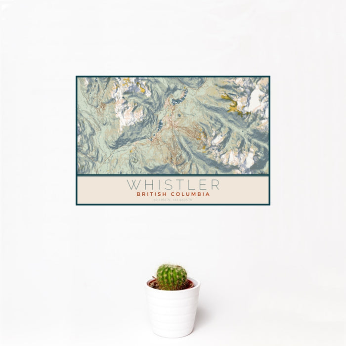 12x18 Whistler British Columbia Map Print Landscape Orientation in Woodblock Style With Small Cactus Plant in White Planter