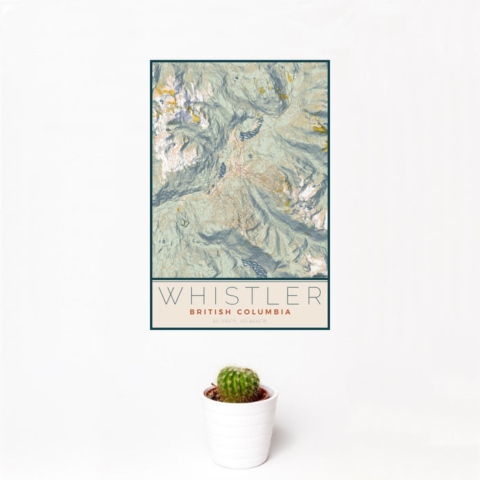 12x18 Whistler British Columbia Map Print Portrait Orientation in Woodblock Style With Small Cactus Plant in White Planter