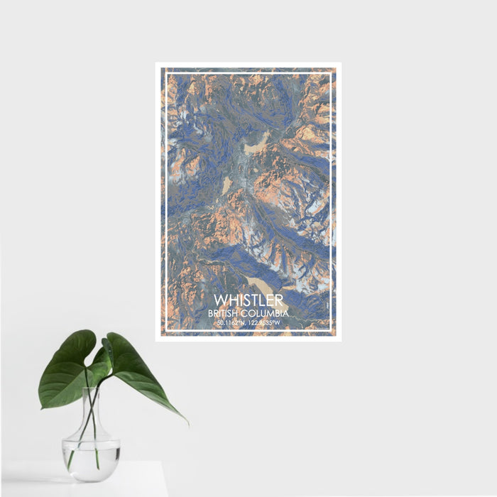 16x24 Whistler British Columbia Map Print Portrait Orientation in Afternoon Style With Tropical Plant Leaves in Water