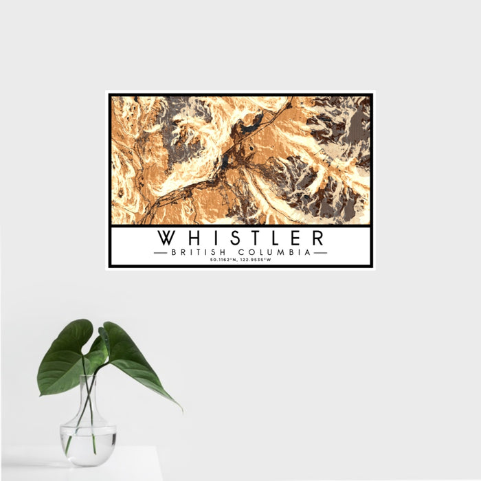 16x24 Whistler British Columbia Map Print Landscape Orientation in Ember Style With Tropical Plant Leaves in Water