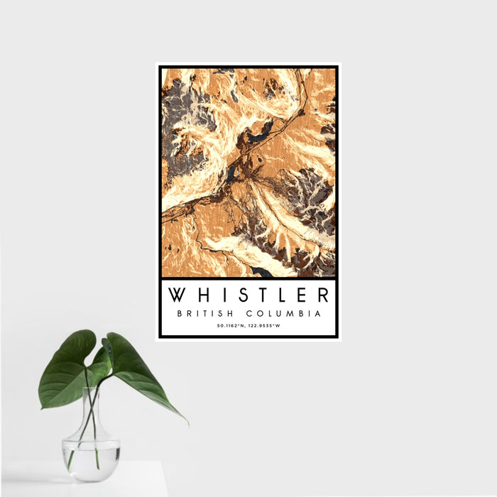 16x24 Whistler British Columbia Map Print Portrait Orientation in Ember Style With Tropical Plant Leaves in Water