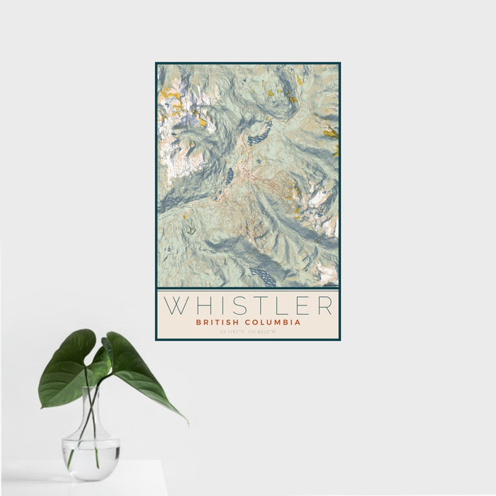 16x24 Whistler British Columbia Map Print Portrait Orientation in Woodblock Style With Tropical Plant Leaves in Water