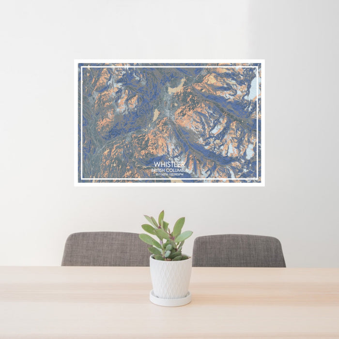 24x36 Whistler British Columbia Map Print Lanscape Orientation in Afternoon Style Behind 2 Chairs Table and Potted Plant