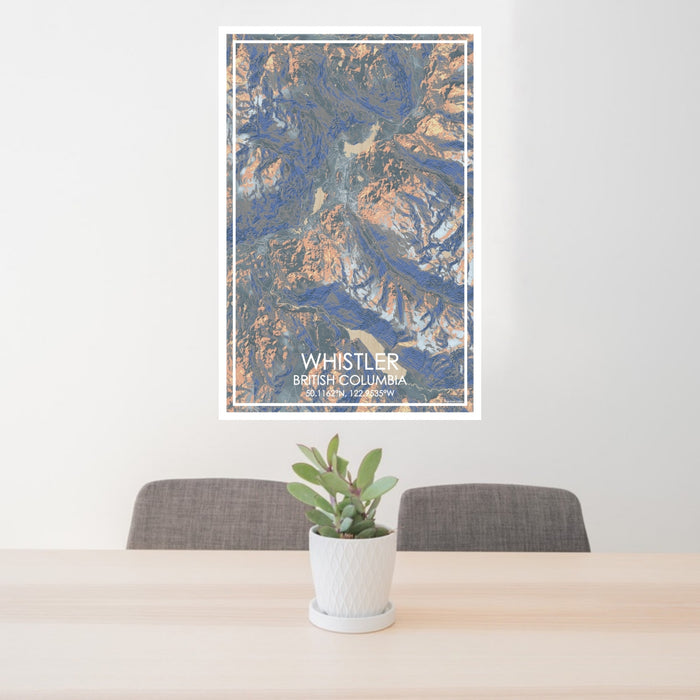 24x36 Whistler British Columbia Map Print Portrait Orientation in Afternoon Style Behind 2 Chairs Table and Potted Plant