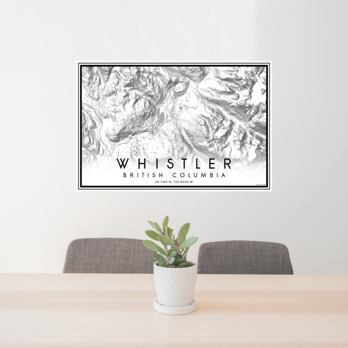 24x36 Whistler British Columbia Map Print Lanscape Orientation in Classic Style Behind 2 Chairs Table and Potted Plant