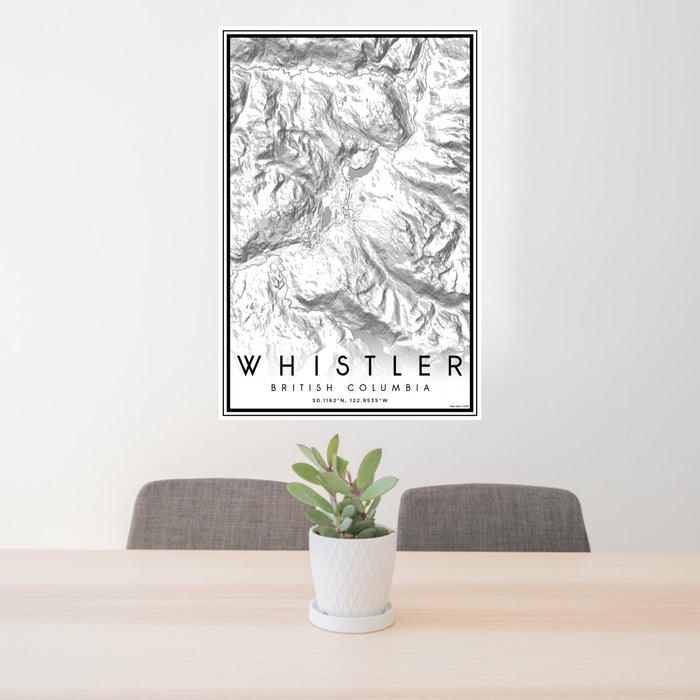 24x36 Whistler British Columbia Map Print Portrait Orientation in Classic Style Behind 2 Chairs Table and Potted Plant