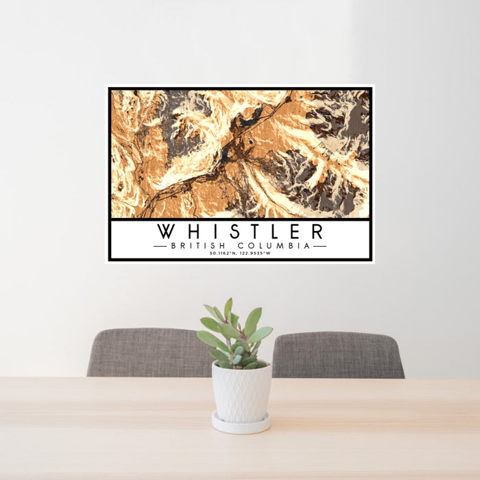 24x36 Whistler British Columbia Map Print Lanscape Orientation in Ember Style Behind 2 Chairs Table and Potted Plant