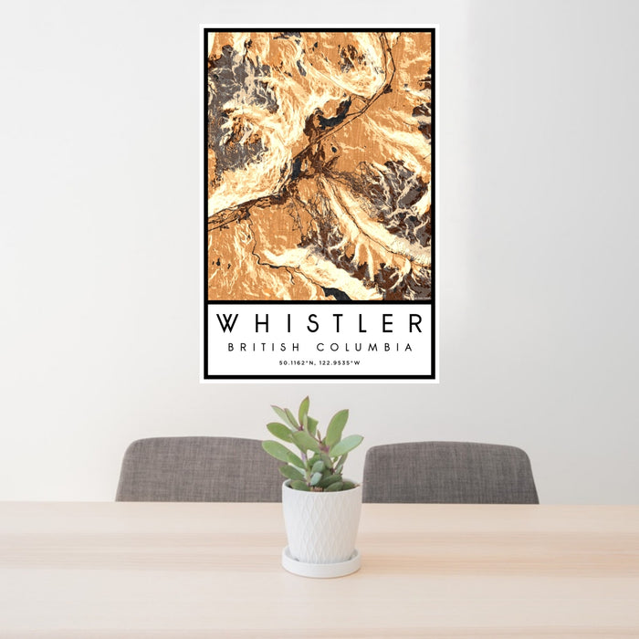 24x36 Whistler British Columbia Map Print Portrait Orientation in Ember Style Behind 2 Chairs Table and Potted Plant