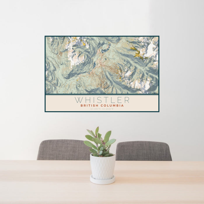 24x36 Whistler British Columbia Map Print Lanscape Orientation in Woodblock Style Behind 2 Chairs Table and Potted Plant