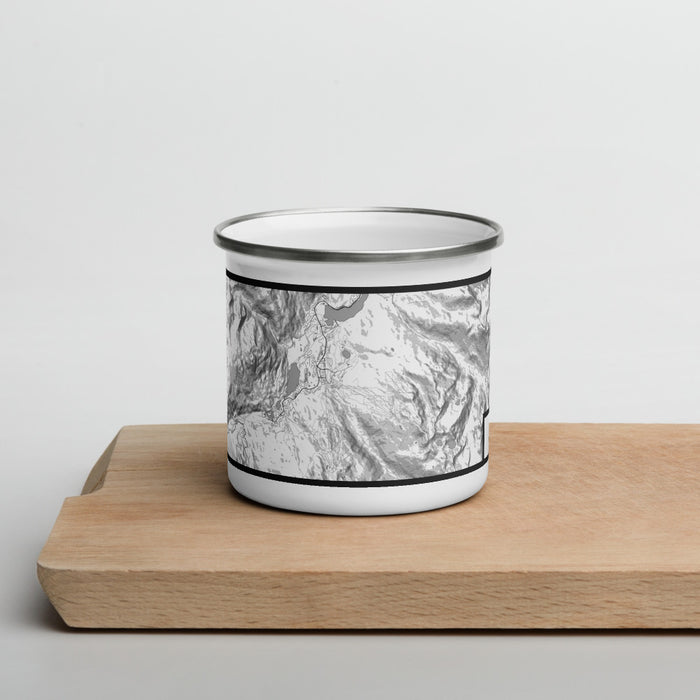 Front View Custom Whistler British Columbia Map Enamel Mug in Classic on Cutting Board