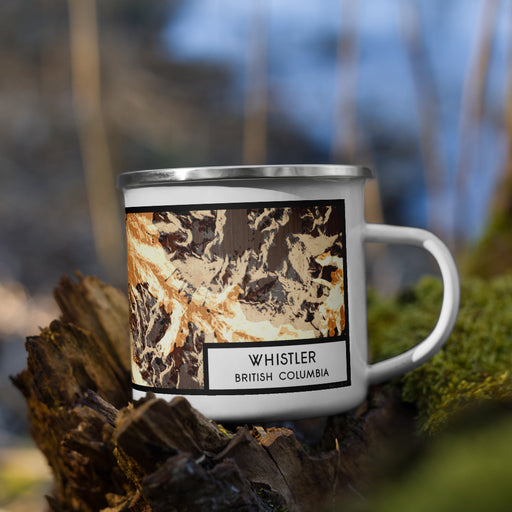 Right View Custom Whistler British Columbia Map Enamel Mug in Ember on Grass With Trees in Background