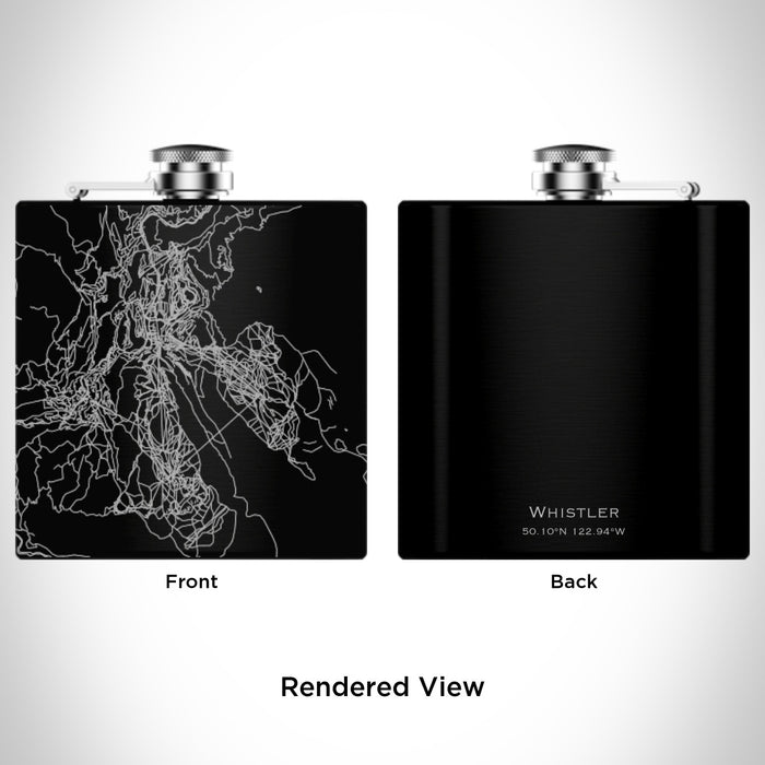 Rendered View of Whistler British Columbia Map Engraving on 6oz Stainless Steel Flask in Black