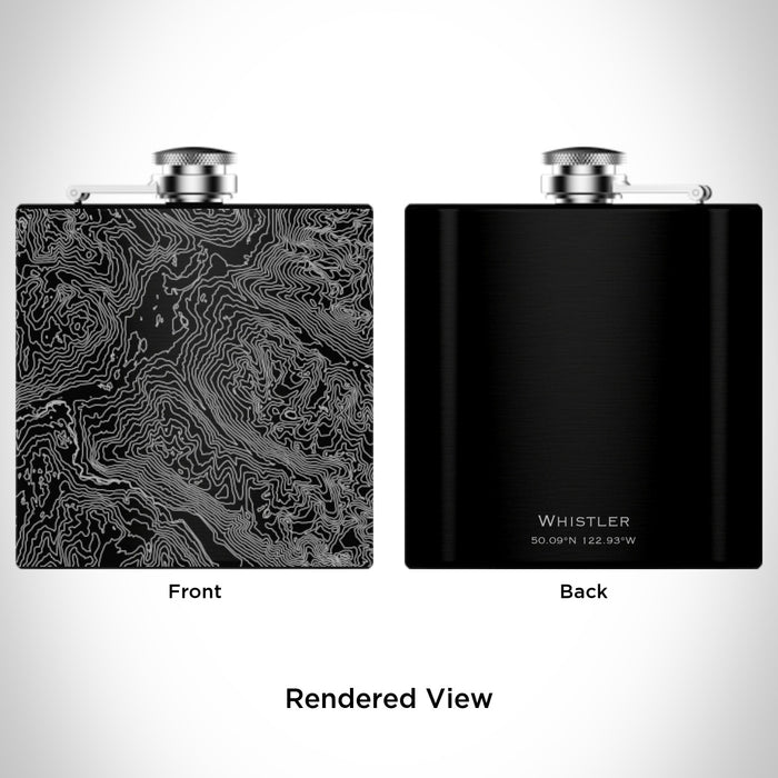 Rendered View of Whistler British Columbia Map Engraving on 6oz Stainless Steel Flask in Black