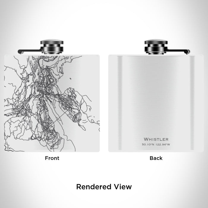 Rendered View of Whistler British Columbia Map Engraving on 6oz Stainless Steel Flask in White