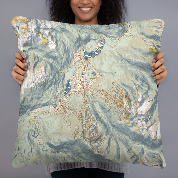 Person holding 22x22 Custom Whistler British Columbia Map Throw Pillow in Woodblock